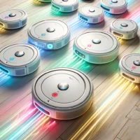 DALL·E 2024-02-23 14.49.09 – Create an image with a collection of modern, realistic robotic vacuum cleaners on a light wooden floor. The primary color of the vacuums should be whi